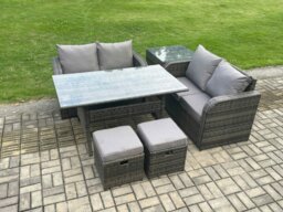 Rackhams Garden Patio Furniture Wicker Rattan Oblong Rectangular Dining Table and Loveseat Sofa set with Side Table 2 Small Footstools Dark Grey Mixed - thumbnail 2