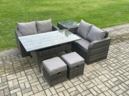 Rackhams Garden Patio Furniture Wicker Rattan Oblong Rectangular Dining Table and Loveseat Sofa set with Side Table 2 Small Footstools Dark Grey Mixed - thumbnail 1