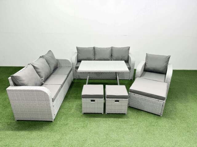Rackhams 7 Pieces Outdoor PE Rattan Garden Furniture with Cushions Reclining Chair 3 Stool Light Grey - image 1