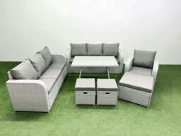 Rackhams 7 Pieces Outdoor PE Rattan Garden Furniture with Cushions Reclining Chair 3 Stool Light Grey - thumbnail 1