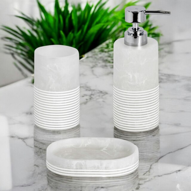 Rackhams Bianco Frost Onyx White Striped 3 Piece Bathroom Accessory Set - image 1