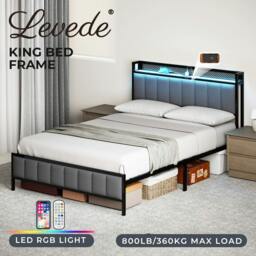 Rackhams Bed Frame Metal King Size LED Light Upholstered Soft Headboard USB Charge - thumbnail 2