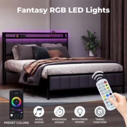 Rackhams Bed Frame Metal King Size LED Light Upholstered Soft Headboard USB Charge - thumbnail 3