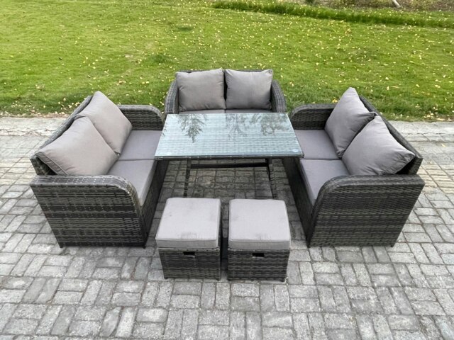 Rackhams Outdoor Rattan Garden Furniture Set 8 Seater Patio Love Sofa Set with Rectangular Dining Table 2 Small Footstool Dark Grey Mixed - image 1