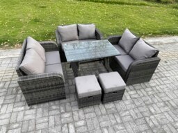 Rackhams Outdoor Rattan Garden Furniture Set 8 Seater Patio Love Sofa Set with Rectangular Dining Table 2 Small Footstool Dark Grey Mixed - thumbnail 2