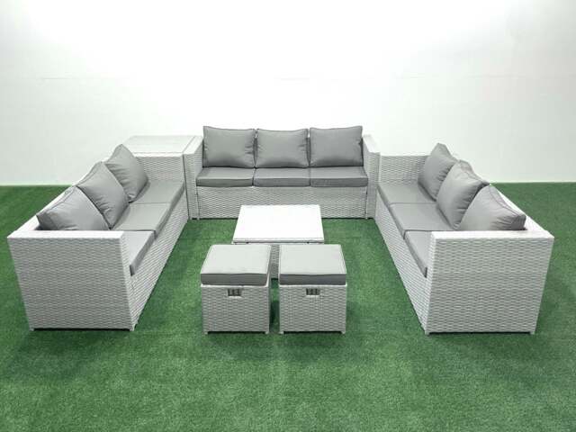Rackhams Rattan Garden Outdoor Furniture Set 11 Seater Rattan Garden Sofa Set with 2 Small Footstool Side Table Light Grey Mixed - image 1