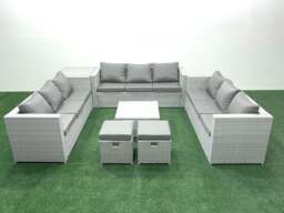 Rackhams Rattan Garden Outdoor Furniture Set 11 Seater Rattan Garden Sofa Set with 2 Small Footstool Side Table Light Grey Mixed - thumbnail 1