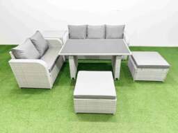Rackhams Garden Furniture Set PE Ratten Garden Sofa Set with Rectangular Dining Table 2 Big Stool Side Table Light Grey