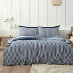 Rackhams Brushed Stripe Cotton Reversible Duvet Cover Set Navy Blue - Super King - Navy Blue - thumbnail 2