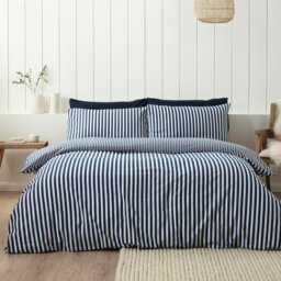 Rackhams Brushed Stripe Cotton Reversible Duvet Cover Set Navy Blue - Super King - Navy Blue