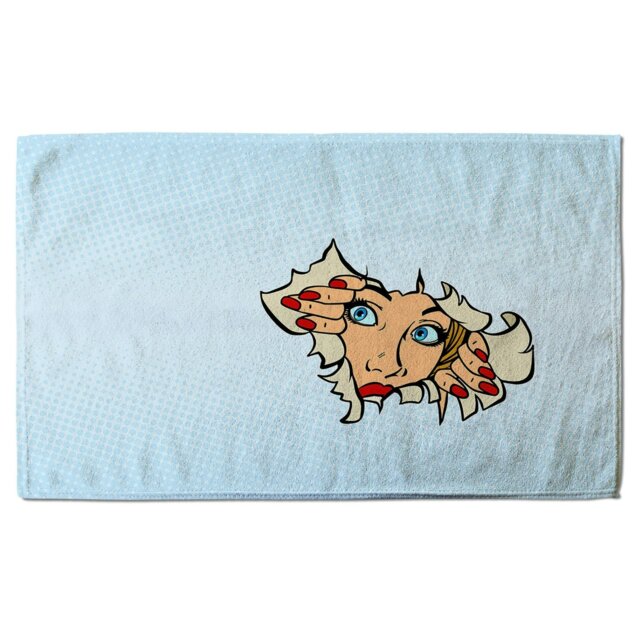 Rackhams woman looking through torn paper background. Comic cartoon pop art retro (Bath Towel)