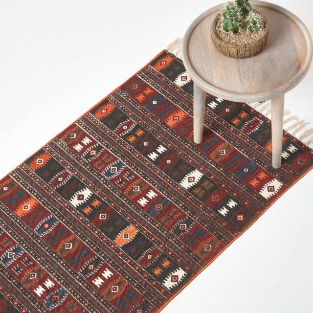 Rackhams Terracotta, Black and Brown Printed Cotton Kilim Rug - 66 x 200 cm - image 1