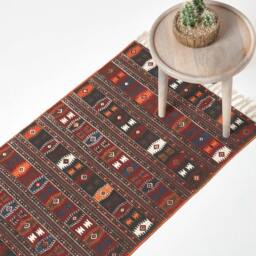 Rackhams Terracotta, Black and Brown Printed Cotton Kilim Rug - 66 x 200 cm