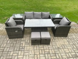 Rackhams Outdoor Rattan Furniture Garden Dining Sets Height Adjustable Rising lifting Table Sofa Set With Chairs Side Tables 2 Small Footstools - thumbnail 1