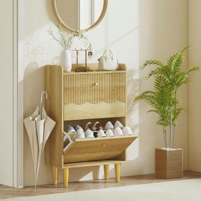 Rackhams Narrow Shoe Cabinet, Shoe Storage Cabinet with Flip Drawers, Oak - 2 Flip Drawers - image 1
