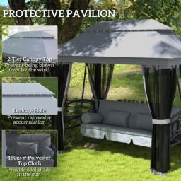 Rackhams 3 Person Canopy Gazebo Swing Outdoor Patio Lounge w/ Mesh Walls, Grey - thumbnail 5