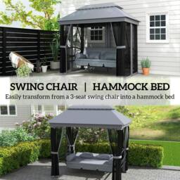 Rackhams 3 Person Canopy Gazebo Swing Outdoor Patio Lounge w/ Mesh Walls, Grey - thumbnail 4