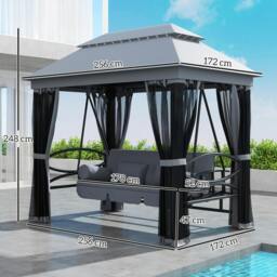 Rackhams 3 Person Canopy Gazebo Swing Outdoor Patio Lounge w/ Mesh Walls, Grey - thumbnail 3