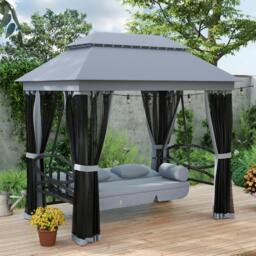 Rackhams 3 Person Canopy Gazebo Swing Outdoor Patio Lounge w/ Mesh Walls, Grey - thumbnail 1