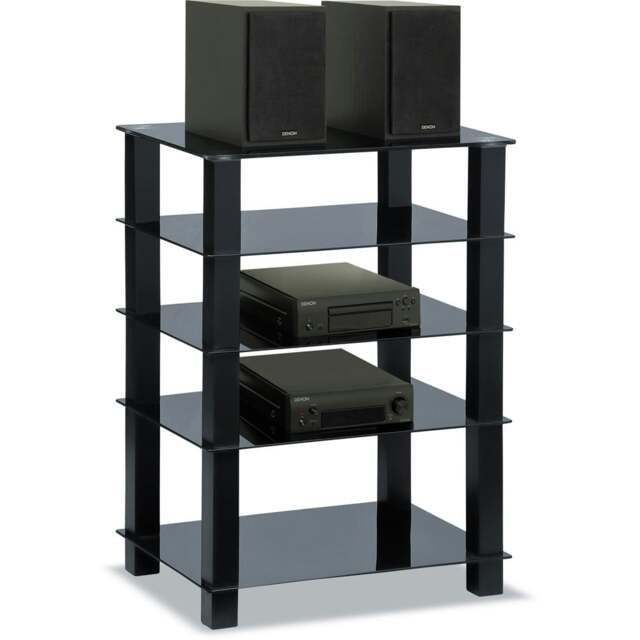 Rackhams TRINITY Gloss Black 5 Shelf with Black Legs Flat Screen TV Rack Glass Stand - image 1