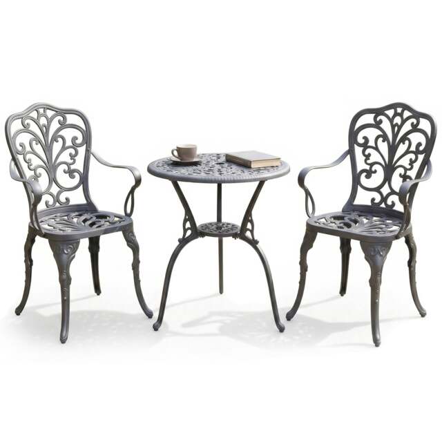 Rackhams BANGUI Grey Luxurious Garden and Patio Table and 2 Large Chairs with Armrests Cast Aluminium Bistro Set - image 1