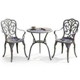 Rackhams BANGUI Grey Luxurious Garden and Patio Table and 2 Large Chairs with Armrests Cast Aluminium Bistro Set