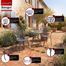 Rackhams BANGUI Grey Luxurious Garden and Patio Table and 2 Large Chairs with Armrests Cast Aluminium Bistro Set - thumbnail 4