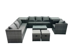 Rackhams Rattan Garden Furniture Dining Set 9 seater Patio Coffee Table Sofa Set with 2 Small Stools 2 Side Tables Dark Grey Mixed - thumbnail 2