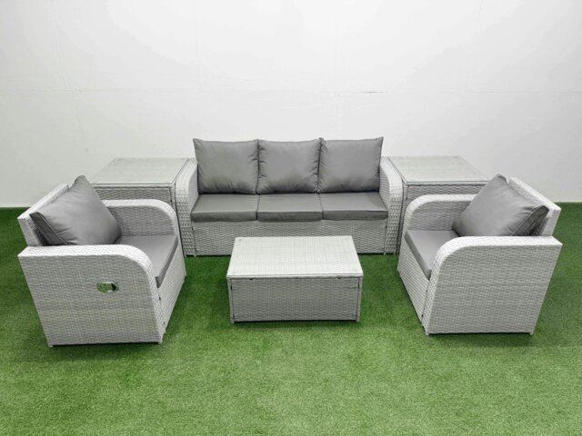 Rackhams PE Rattan Garden Furniture Set Reclining Chair Sofa Lounge Sofa Set Oblong Coffee Table 2 Side Table Light Grey - image 1