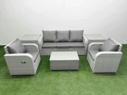 Rackhams PE Rattan Garden Furniture Set Reclining Chair Sofa Lounge Sofa Set Oblong Coffee Table 2 Side Table Light Grey - thumbnail 1
