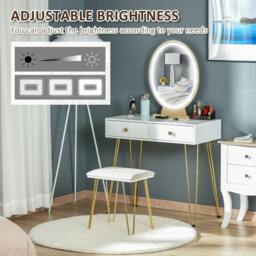Rackhams Dressing Table with LED Mirror and Cushioned Stool, Vanity Desk with Acrylic Lipstick Holder and 2 Drawers, Makeup Table for Bedroom, White - thumbnail 5