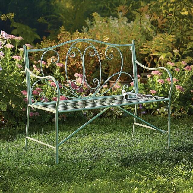 Rackhams Garden Bench, Steel Sage Green, Scrollwork Design