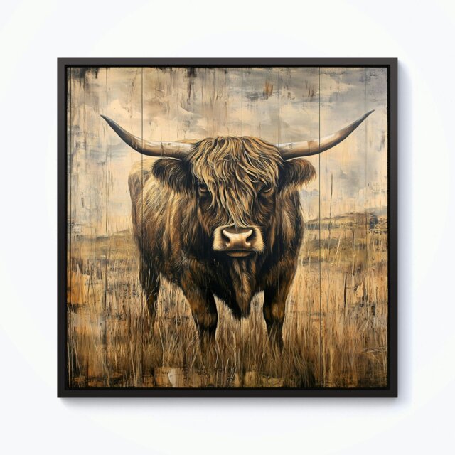 "Rackhams Old Style Highland Cow Framed Canvas -  - Black - 10"" x 10"""