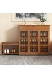 Rackhams Bamboo Entryway Storage Shoe Cabinet with Bench - Brown - thumbnail 1