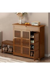 Rackhams Bamboo Entryway Storage Shoe Cabinet with Bench - Brown - thumbnail 2