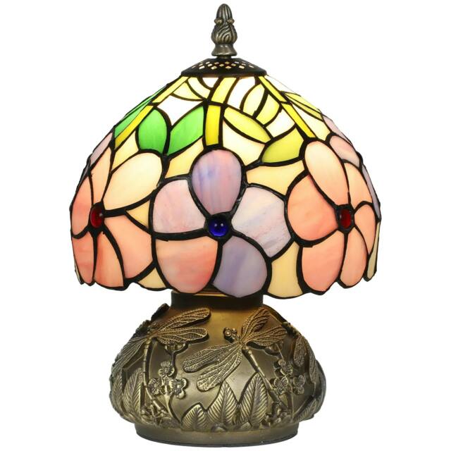 Rackhams Tiffany-Style Table Lamp with Sculpted Dragonfly Base, Handcrafted Antique Stained Glass Bedside Lamp for Living Room and Bedroom, E27 Socket, Pink