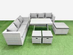 Rackhams Rattan Garden Furniture Dining Set 9 seater Patio Rectangular Table 3 Seater Sofa Set with 3 Stools Light Grey - thumbnail 1