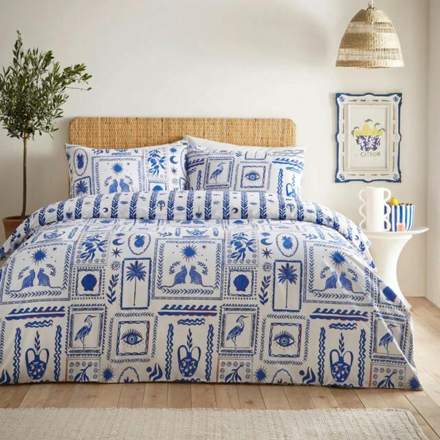 Rackhams Frieze Duvet Cover Set - Blue/White - Superking - Blue/White - 50% Polyester/50% Cotton - image 1