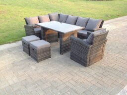 Rackhams 9 Seater High Back Rattan Garden Furniture Set Corner Sofa With Black Tempered Dining Table 2 Stools With Arm Chair - thumbnail 2
