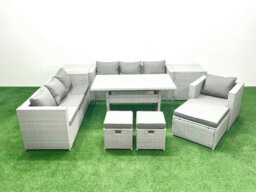 Rackhams 9 Pieces Outdoor Rattan Sofa Set with Cushions Patio Garden Furniture Sets with Armchair Dining Table 2 Side Tables 3 Footstools - thumbnail 2