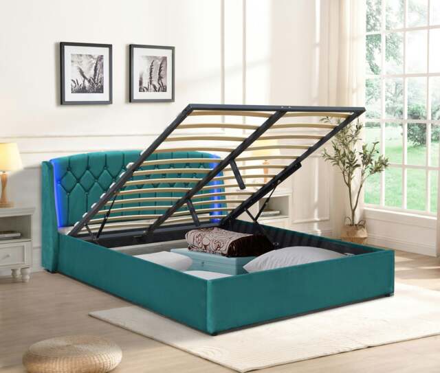 Rackhams Fabric Gas lift Bedframe LED Headboard Grey Green 3ft 4ft6 5ft Bedroom Furniture - Green - King - image 1