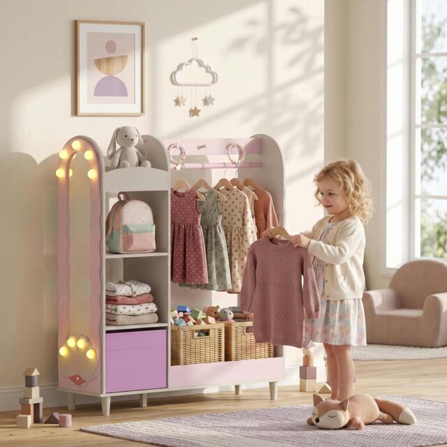 Rackhams Kids Clothing Rack with Lights Mirror, Non-Woven Drawer for Age 3-8 - image 1