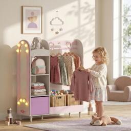 Rackhams Kids Clothing Rack with Lights Mirror, Non-Woven Drawer for Age 3-8 - thumbnail 1