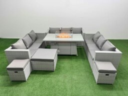 Rackhams PE Rattan Lounge Sofa Set Outdoor Garden Furniture Set with Fire Pit Dining Table 3 Seater Sofa 3 Stools Light Grey - thumbnail 2