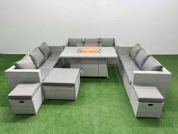 Rackhams PE Rattan Lounge Sofa Set Outdoor Garden Furniture Set with Fire Pit Dining Table 3 Seater Sofa 3 Stools Light Grey - thumbnail 1