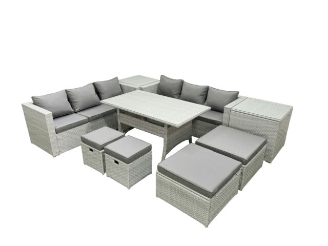 Rackhams Rattan Garden Furniture Set Outdoor 10 Seater Patio Dining Sets with Glass Top Dining Table 2 Side Tables Light Grey Mixed - image 1