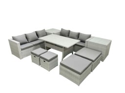 Rackhams Rattan Garden Furniture Set Outdoor 10 Seater Patio Dining Sets with Glass Top Dining Table 2 Side Tables Light Grey Mixed - thumbnail 1
