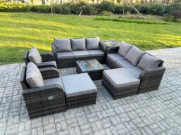Rackhams High Back Rattan Garden Furniture Set with Square Coffee Table 2 Big Footstool Side Table Indoor Outdoor Patio Lounge Sofa Set Dark Grey Mixed - thumbnail 2