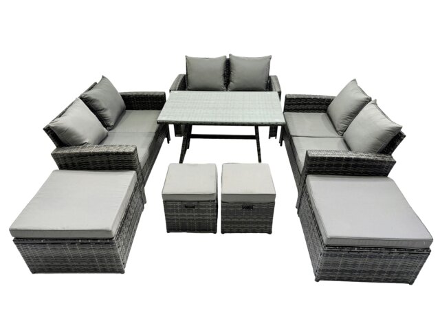 Rackhams 10 Seater Wicker PE Rattan Furniture Outdoor Dining Table Double Seat Sofa 4 Stools Sets Dark Grey Mixed - image 1