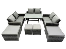 Rackhams 10 Seater Wicker PE Rattan Furniture Outdoor Dining Table Double Seat Sofa 4 Stools Sets Dark Grey Mixed - thumbnail 1